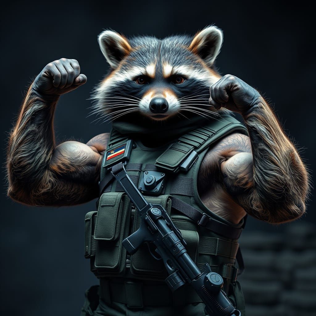 Hyperrealistic Military Raccoon Flexing Arm Muscles in Tacti...