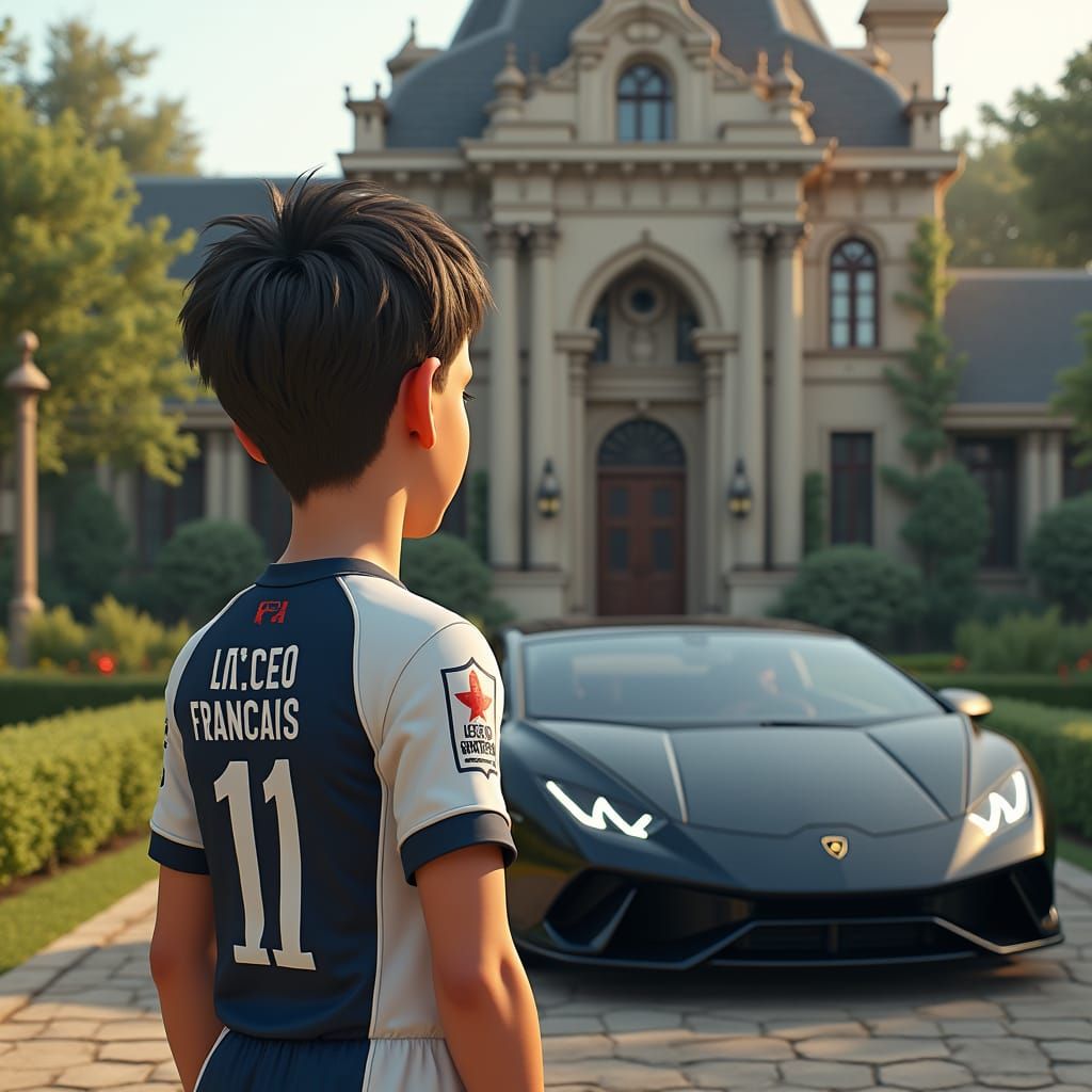 Boy in front of Mansion and Lamborghini
