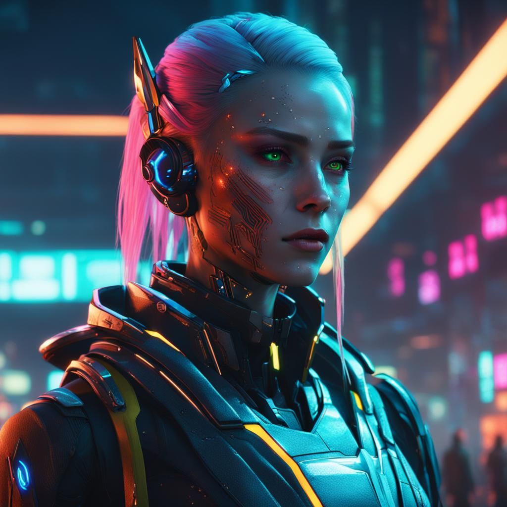 Cyborg Elf Tears in Cyberpunk Neon Cityscape