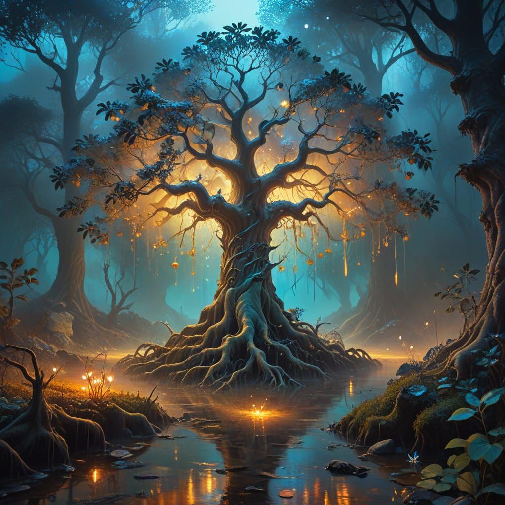 Sacred Tree Radiates Ethereal Energy in a Dreamlike Forest