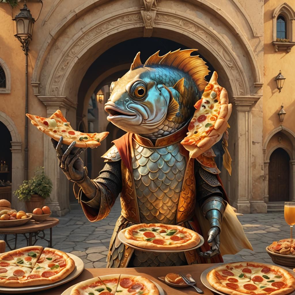 Renaissance Fish Baker with Baguette and Pizza