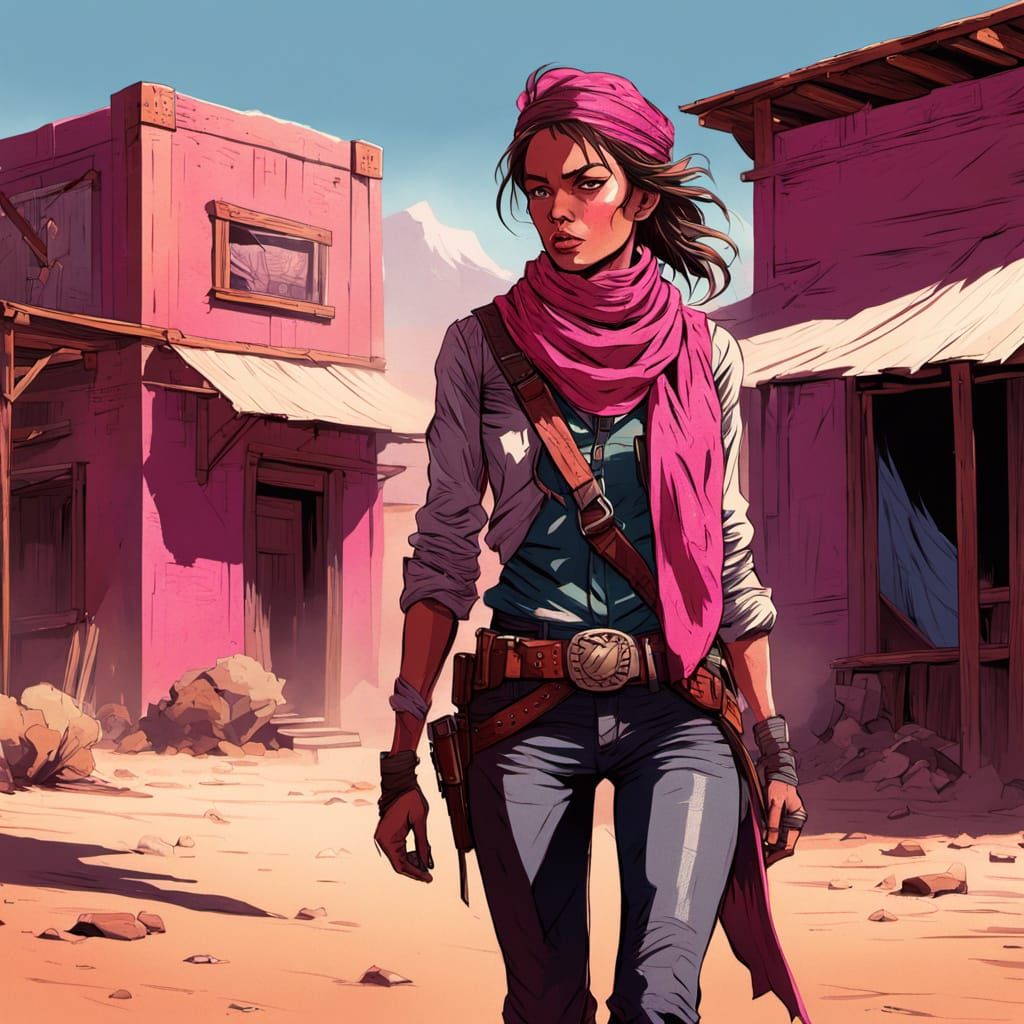 Daring Outlaw Woman Stands Tall in Desert Town