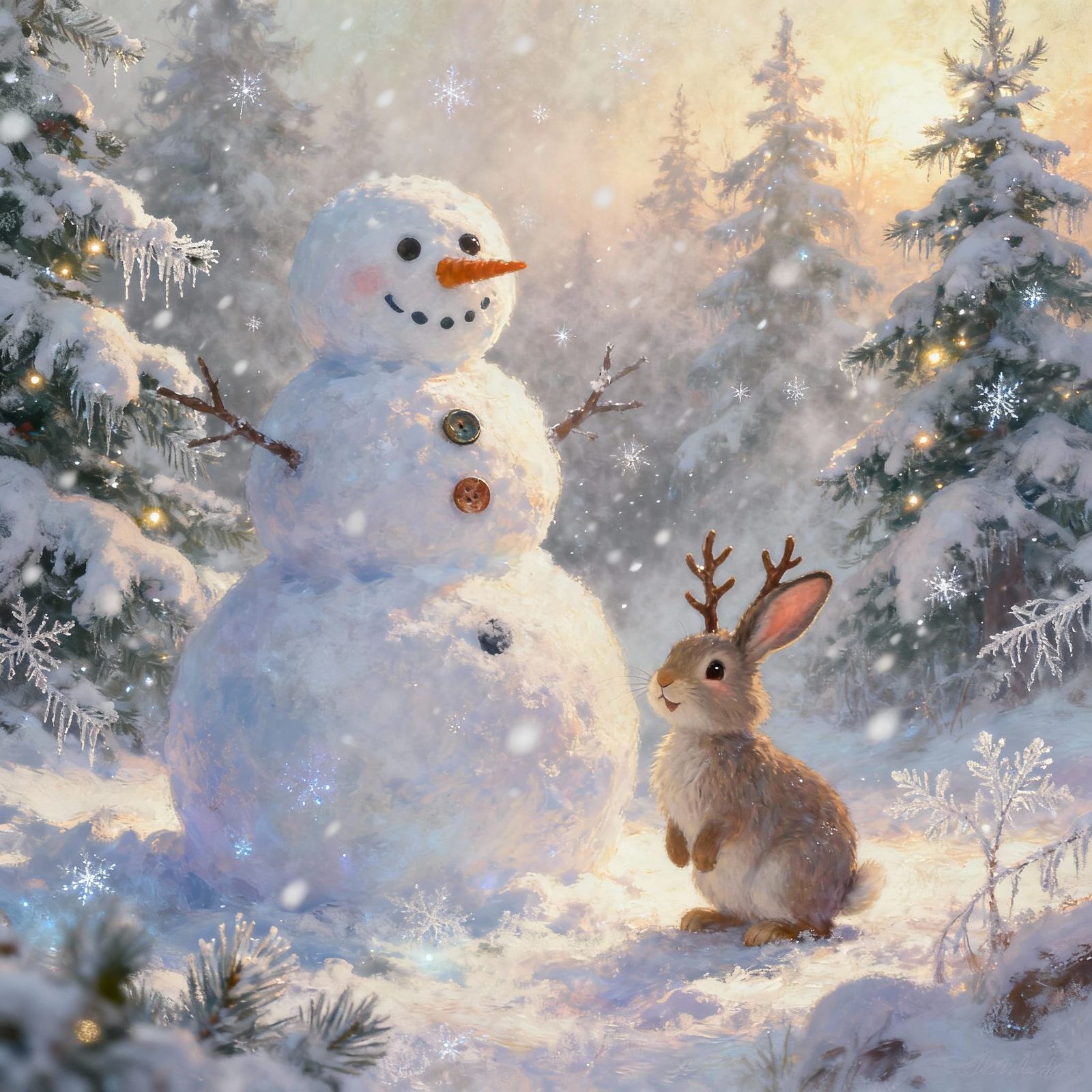 Whimsical Snowman and Rabbit in Snowy Forest