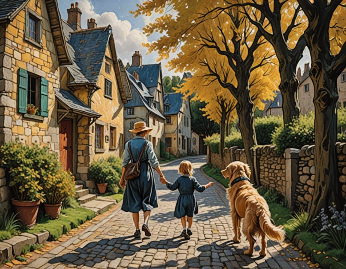 Child and Loyal Golden Retriever Stroll Through Quaint Villa...