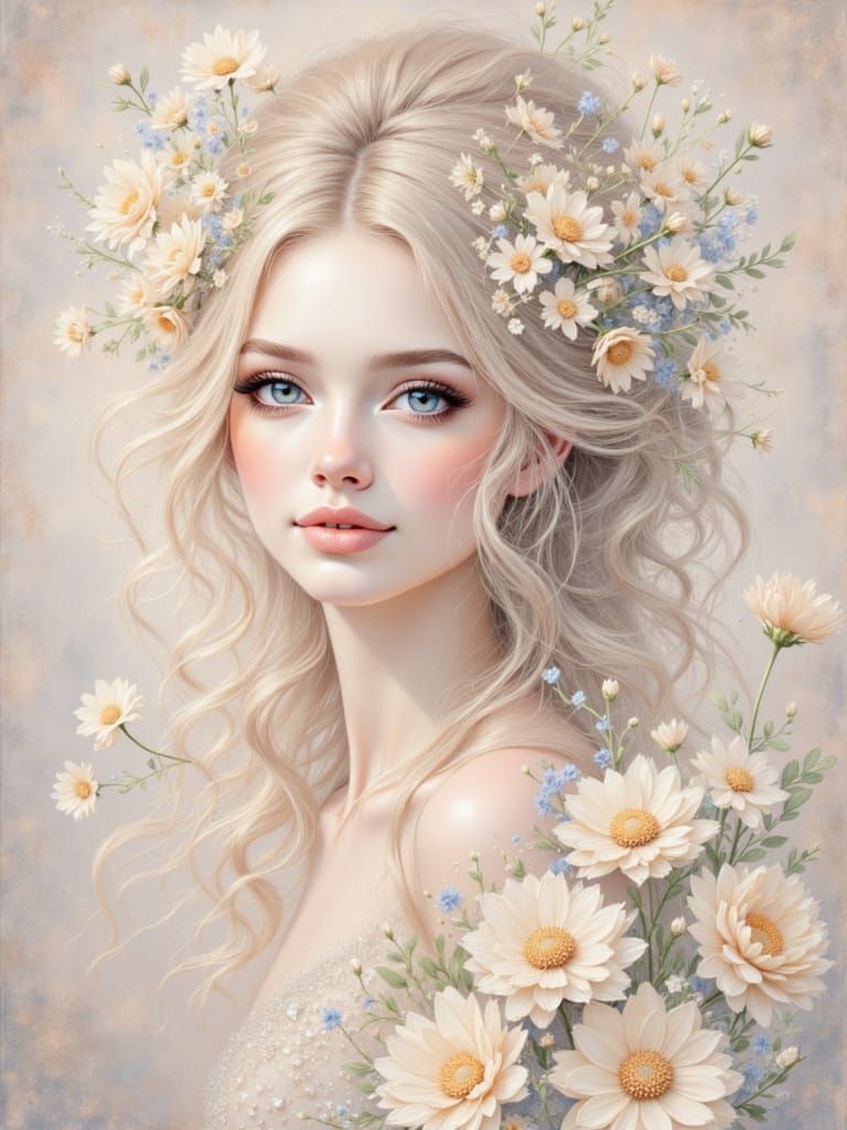 Ethereal Fairy Woman Portrait in Mixed Media Style