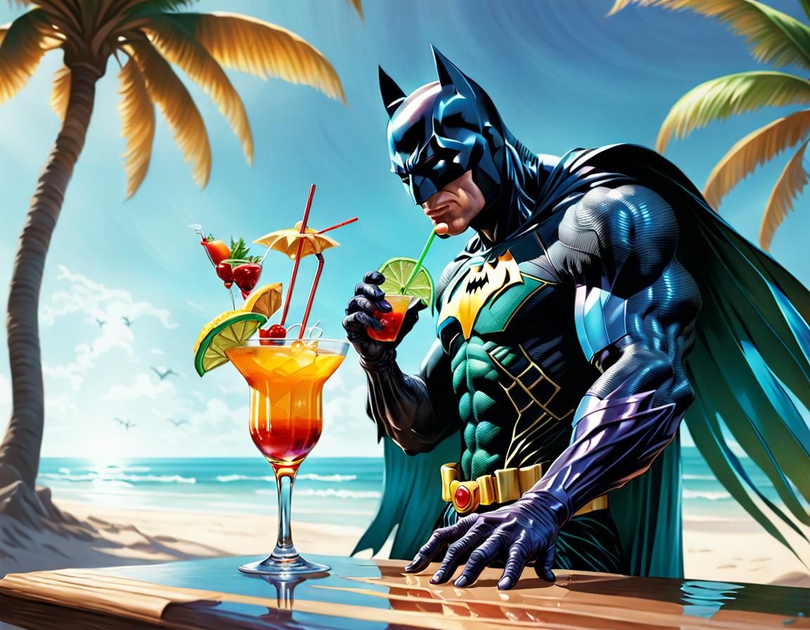 Batman Sipping Cocktail on Tropical Beach: Hyperrealistic Ar...