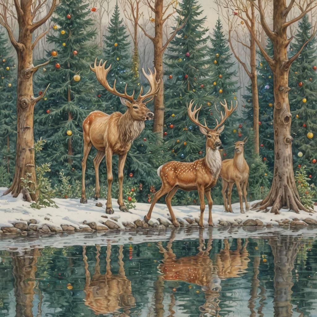 Christmas Trees and Reindeer Water Reflections