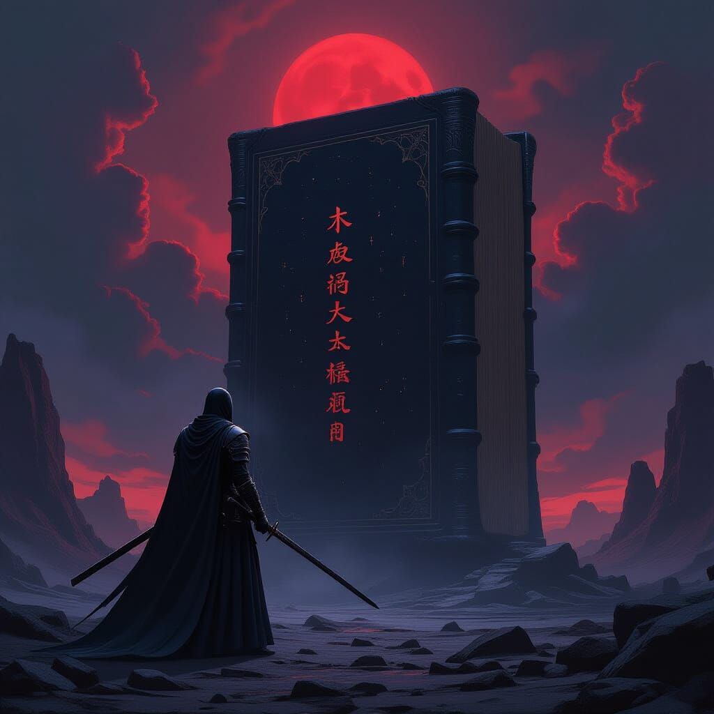 Samurai Before Shadow Tome in Dark Fantasy Style