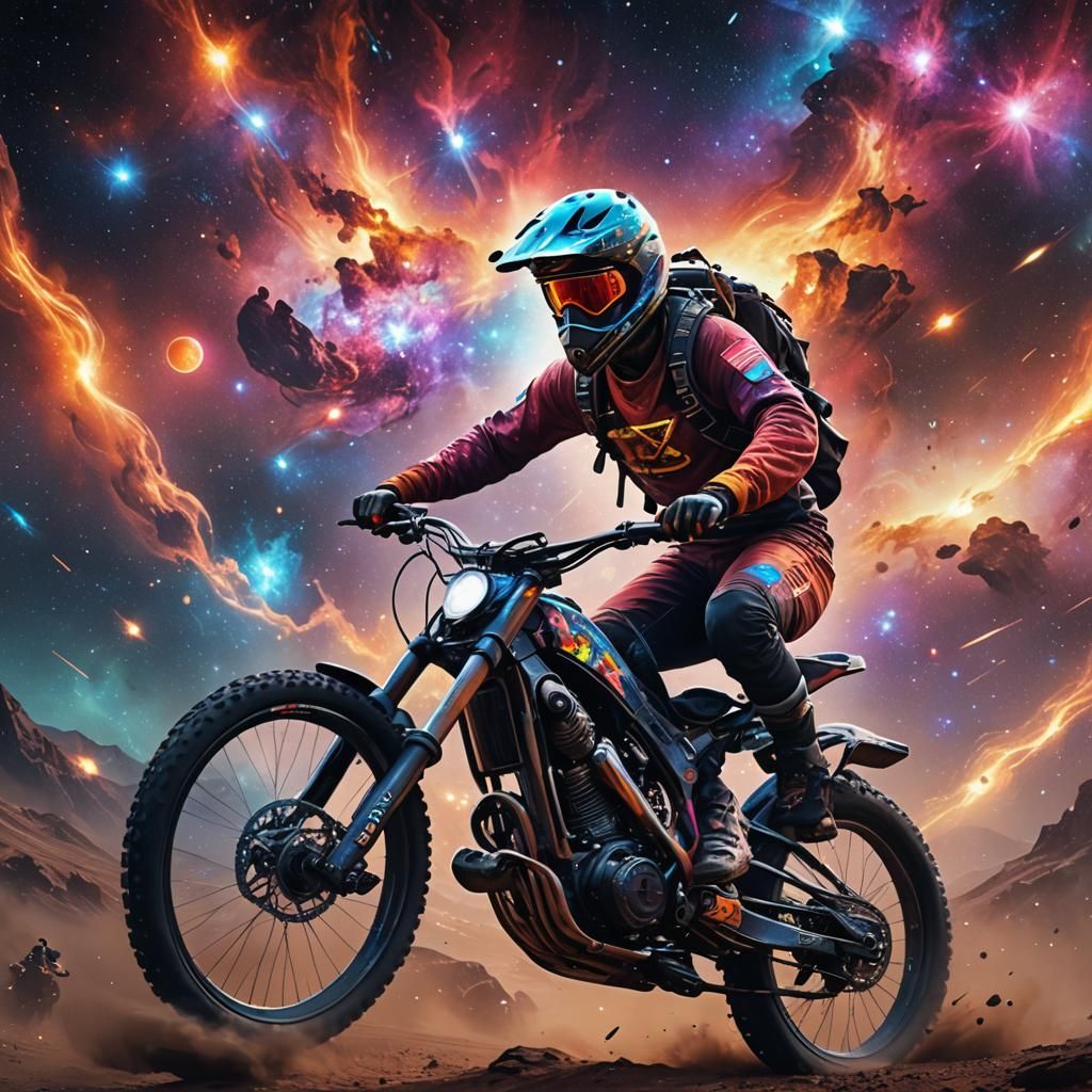Mountain Biker Rides Nebula Galaxy on Glowing Bike