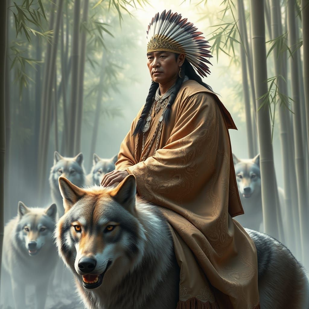 Native American on Wolf in Bamboo Forest