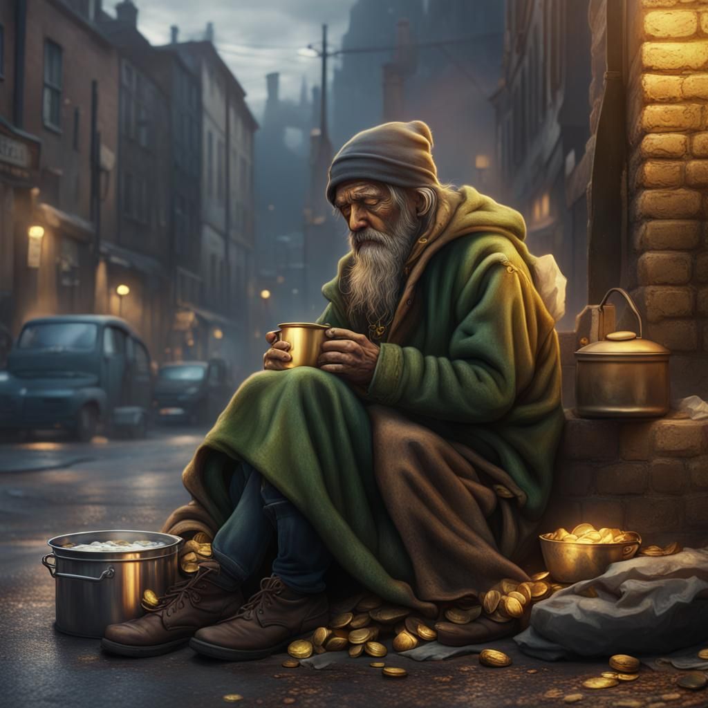 Homeless Man with Pot of Gold: Fantasy Art