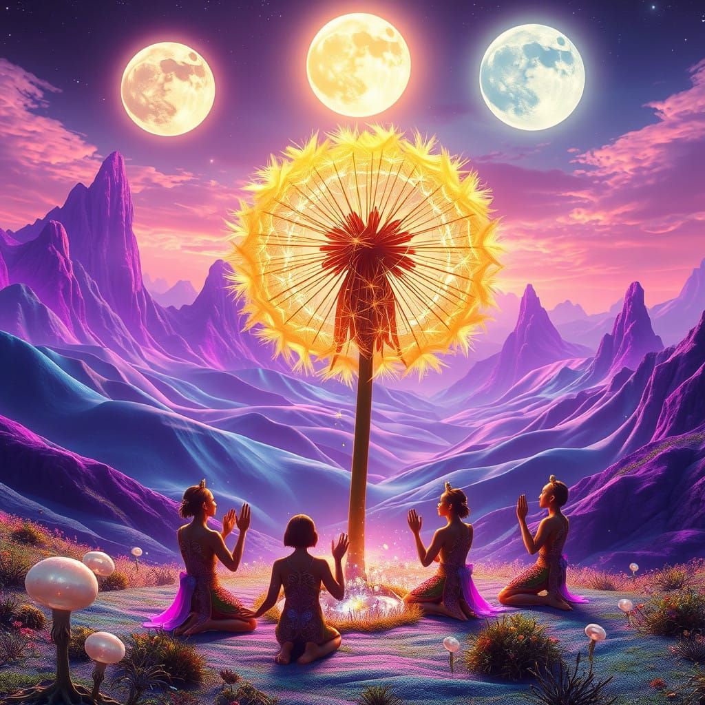 Surreal Landscape with Glowing Dandelion and Alien Natives