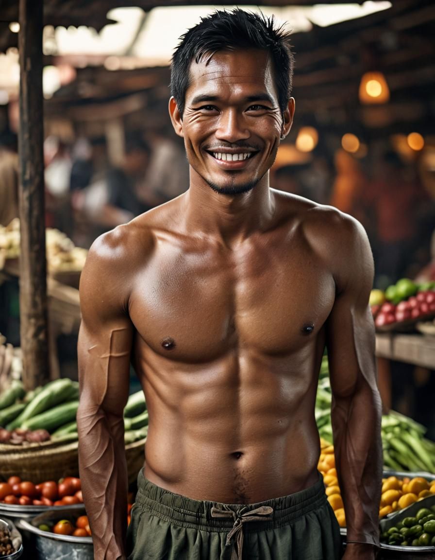 Smiling Cambodian Man Portrait in Market, Ambient Light