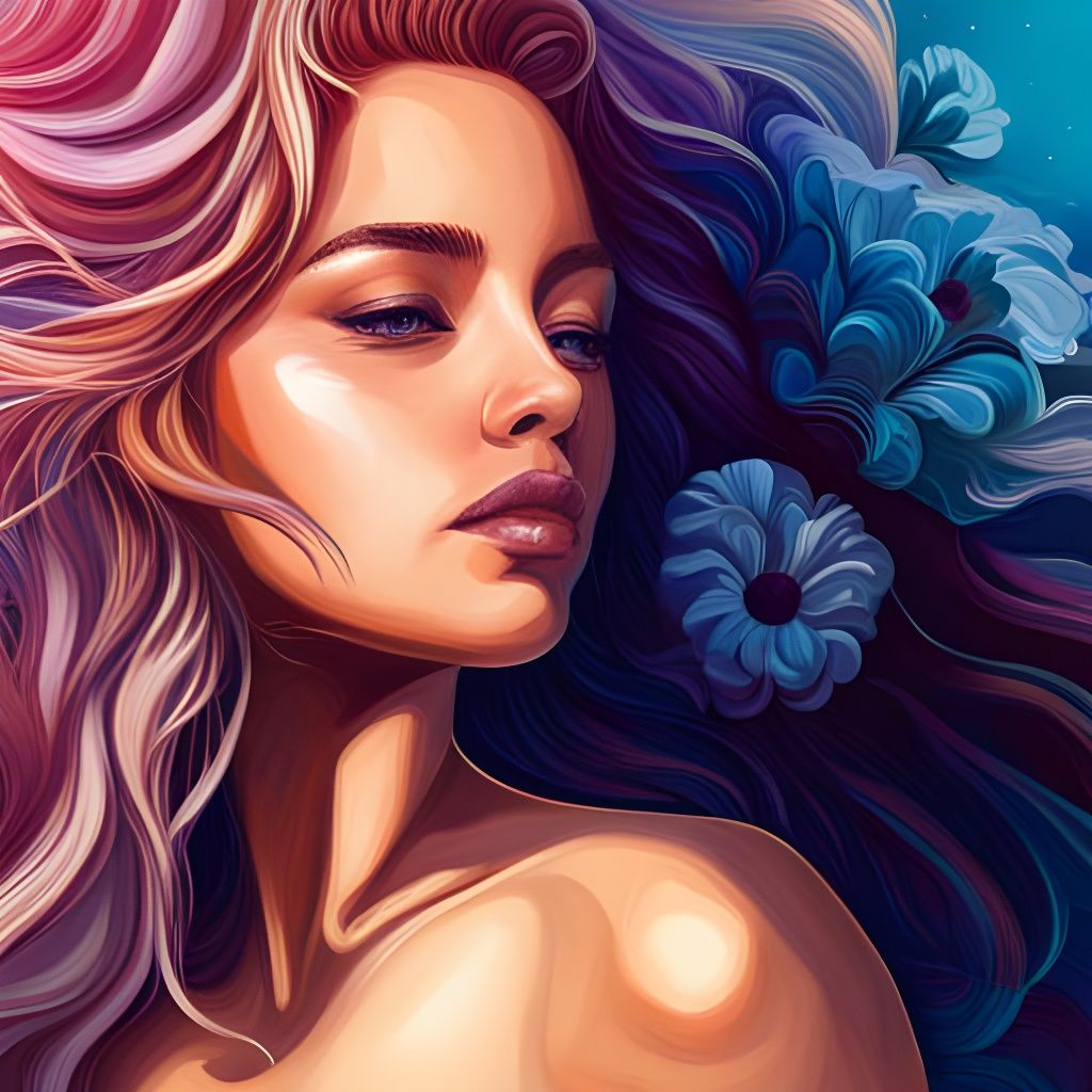 Beautiful Woman Portrait with Flowers in Splash Art