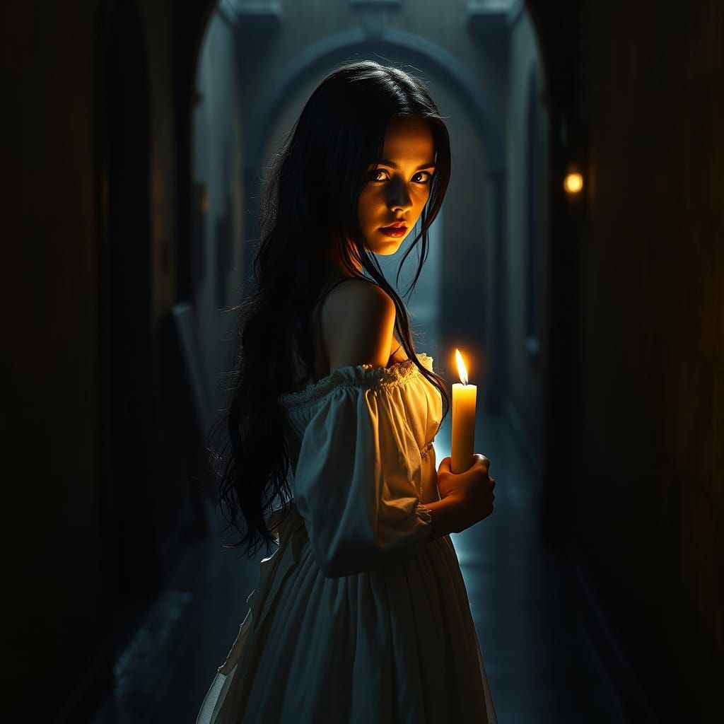 Ethereal Girl in Foreboding Castle Hallway