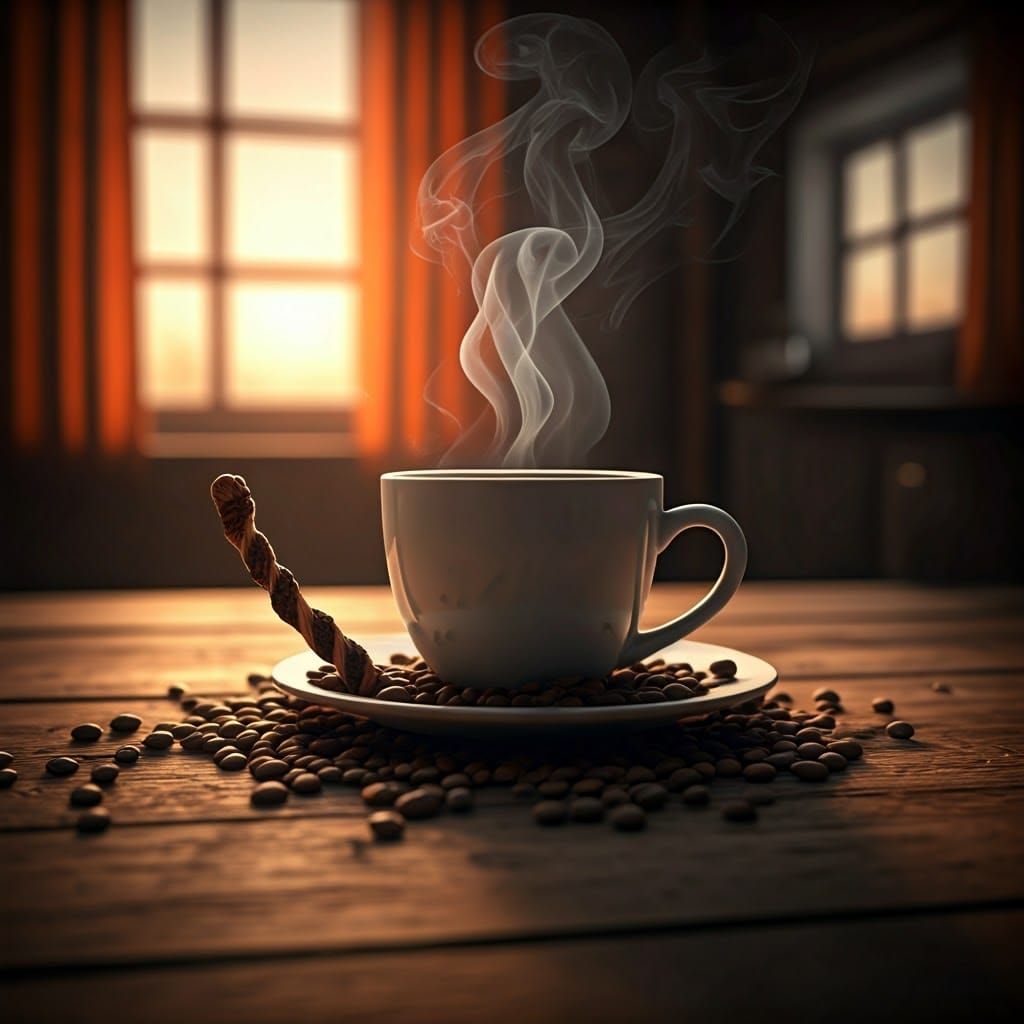 Hyperrealistic Coffee Cup at Sunrise in Farmhouse