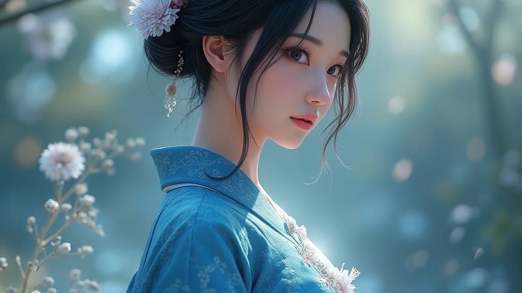 Ethereal Anime Woman in Vibrant Blue Kimono