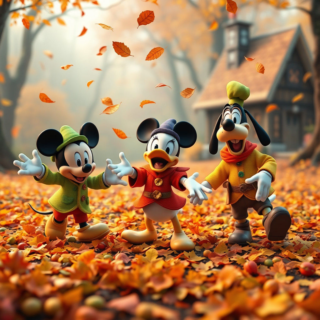Disney Characters in Autumn Forest, 3D Render