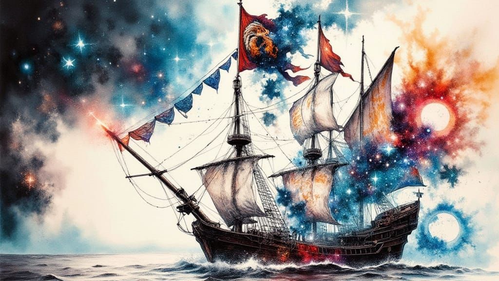 Abstract Merchant Ship Tattoo Design in Watercolor