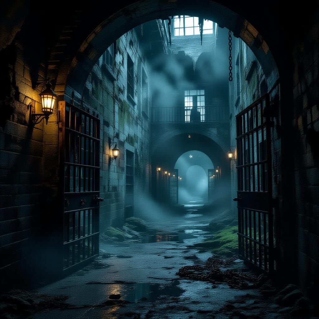 Eerie Prison on Stormy Island with Flickering Lanterns