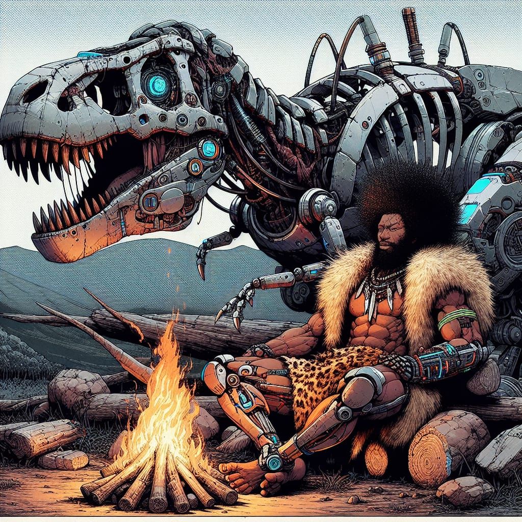 Caveman in Cyberpunk Gear Relaxes with Mech T-Rex by Campfir...