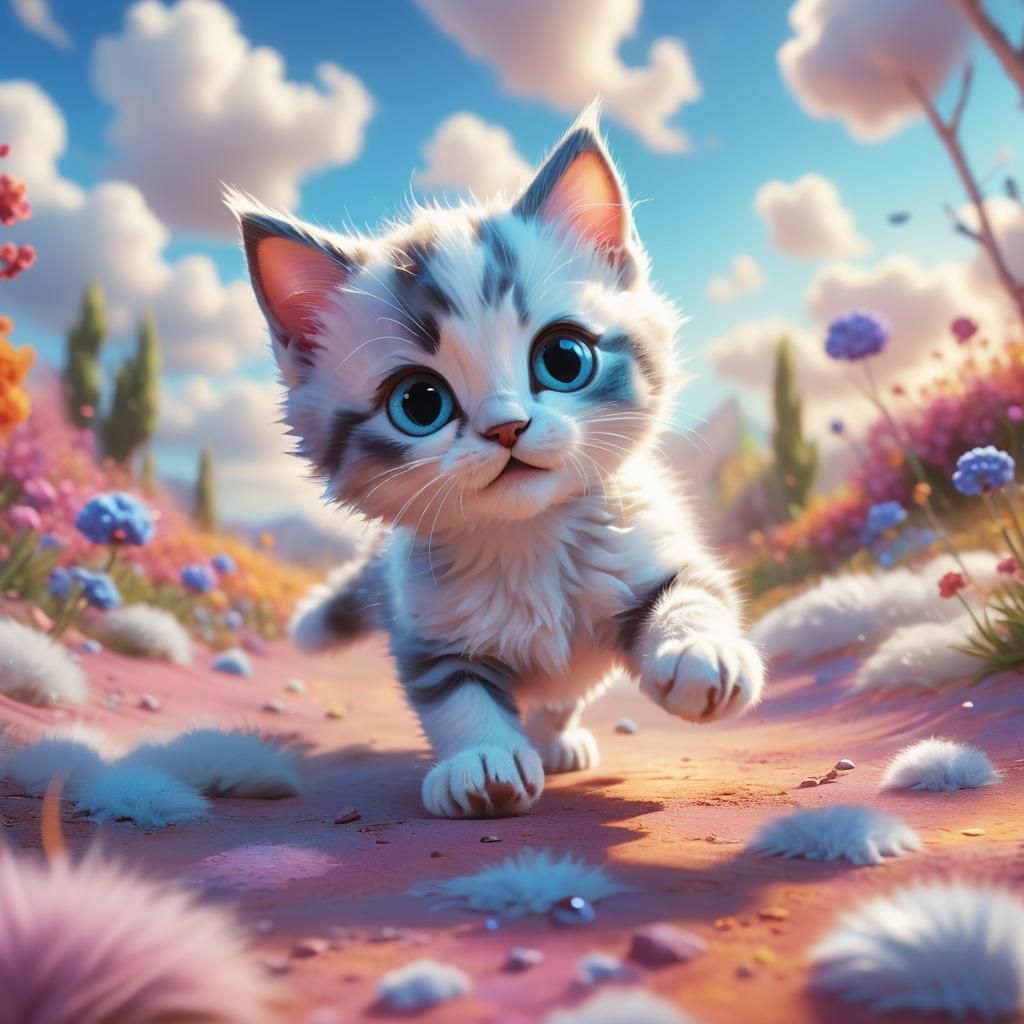 Kitten Runs in Dreamy Landscape: Pixar 3D Art