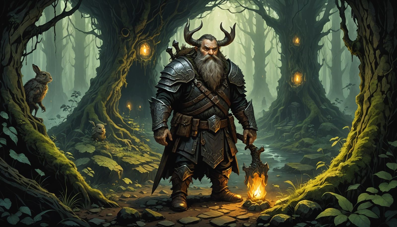 Ancient Dwarf Warrior Guarding Mossy Cave Entrance