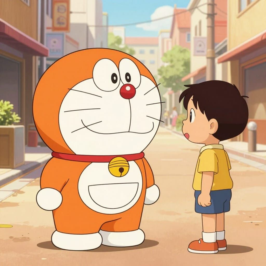 Orange Doraemon Robot and Boy on Sunny Street