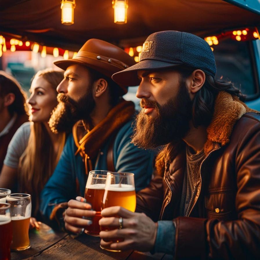 Happy Hipsters Drinking Craft Beer at Food Truck