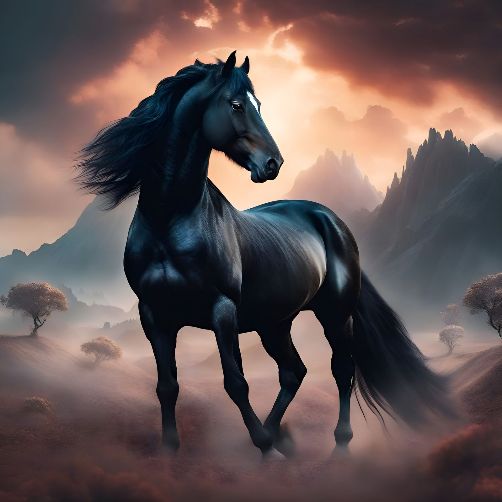 Black Stallion in Cinematic Fantasy Landscape