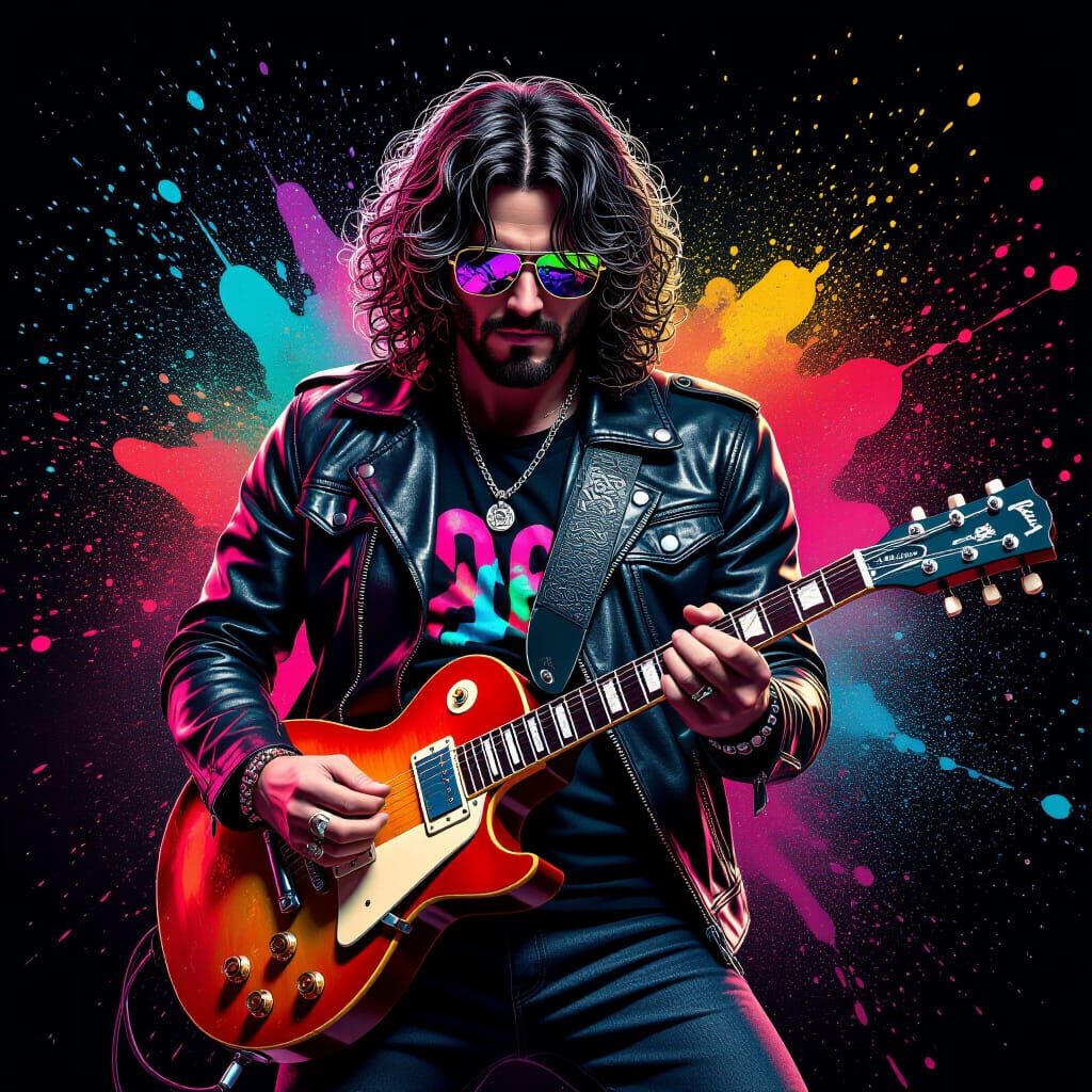 Rock Guitarist Shredding with Graffiti Art Flair