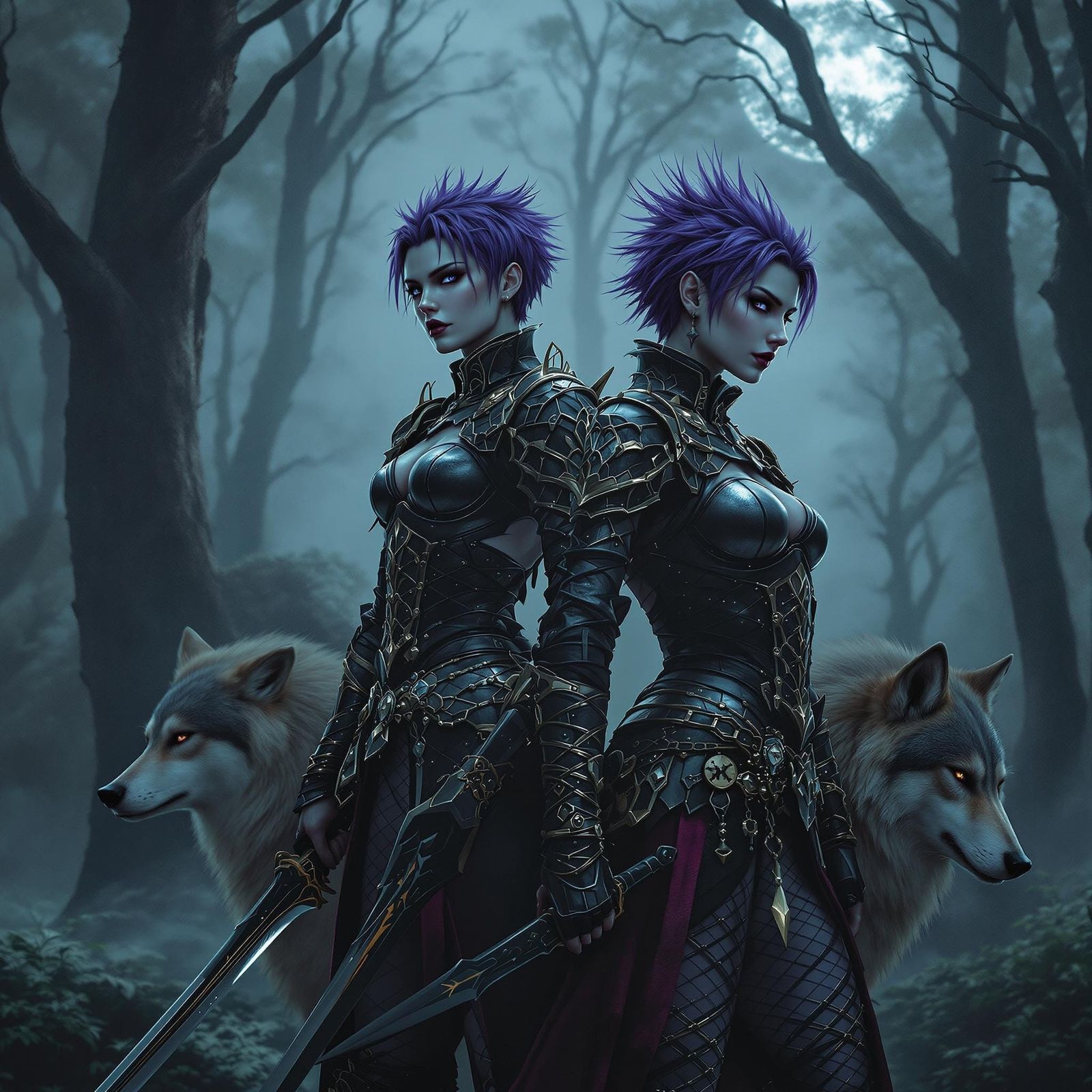 Gothic Warrior Women with Wolves in Misty Forest
