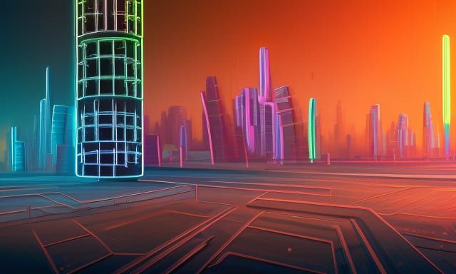 Hourglass and Skyscraper in Cyberpunk Neon Landscape