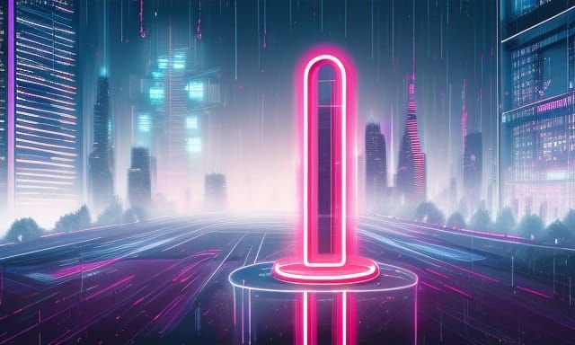 Hourglass and Skyscraper in Cyberpunk Neon Landscape