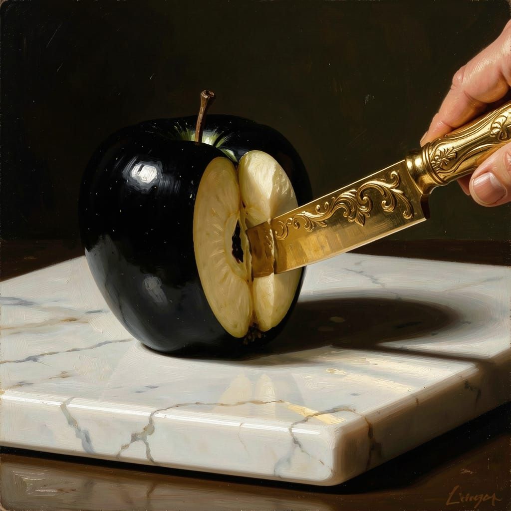 Gothic Black Apple Sliced by Ornate Golden Knife