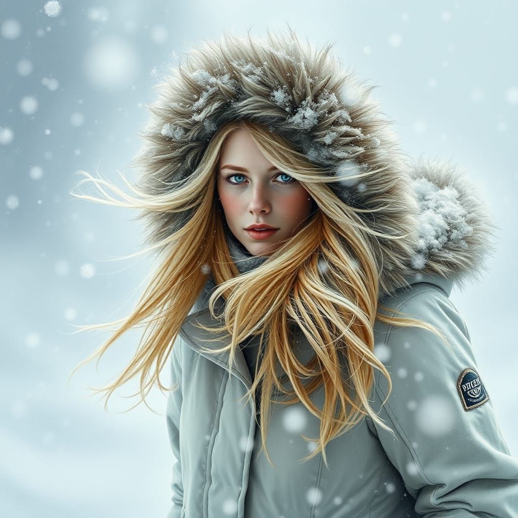 Nordic Woman in Snowstorm: Atmospheric Landscape