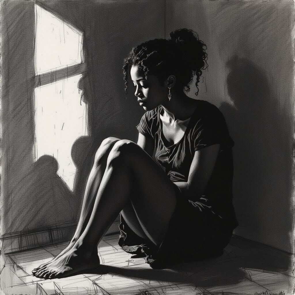 Solitary Woman Lost In Thought, Pencil Sketch