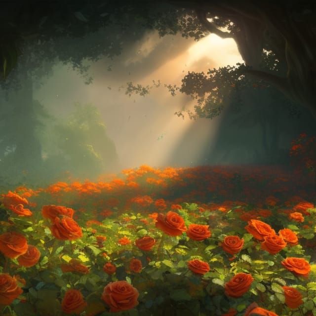 Rose Plantation with Sun Rays: Hyperdetailed Concept Art