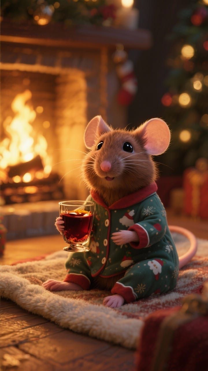 Cute Mouse in Christmas Pajamas Drinking Mulled Wine