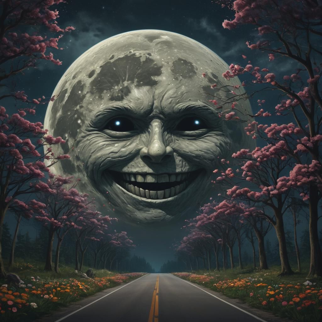 Sinister Moon Face Over Flower-Lined Road