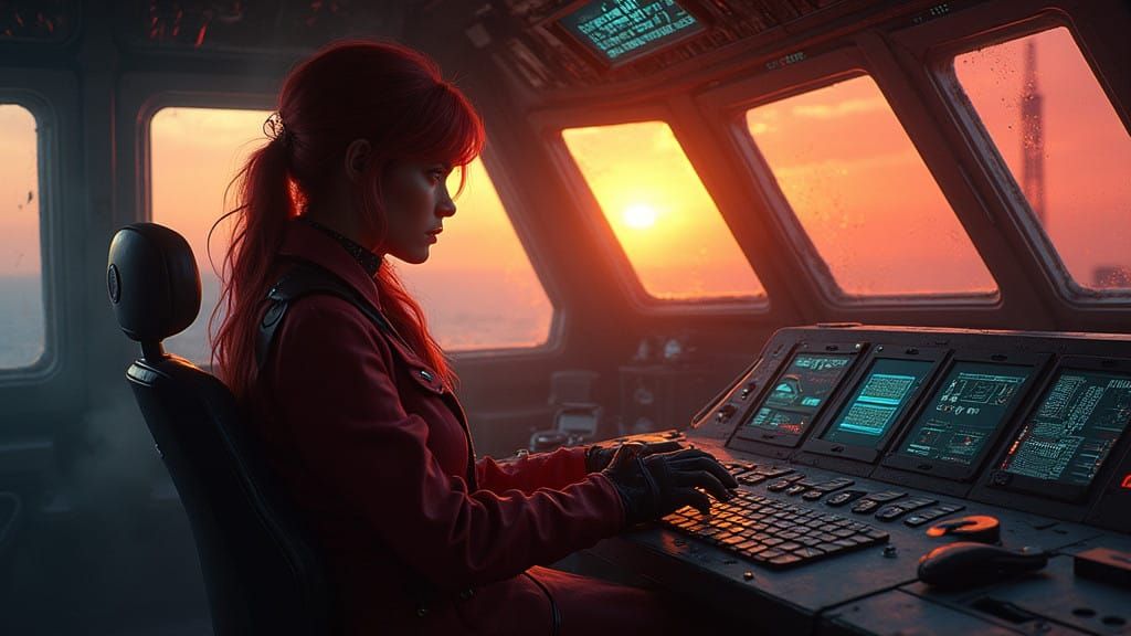 Sasha Alexander as a Space Pirate in a Futuristic Cockpit