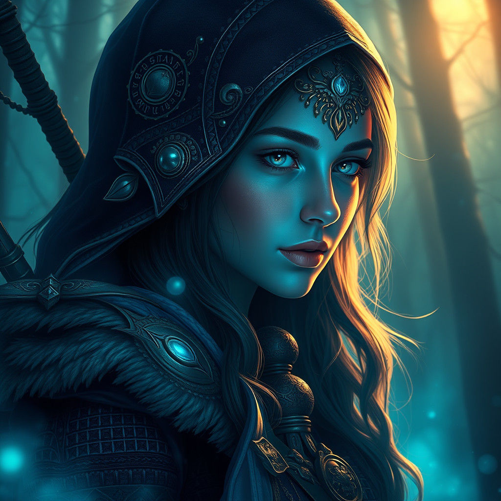 Mystic Huntress Portrait in Ethereal Blue Light