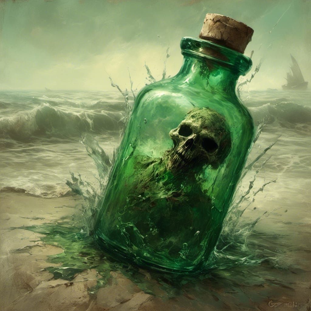 Macabre Demon Trapped in Antique Green Bottle