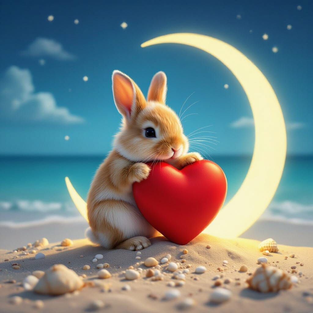 Cute Bunny Hugs Heart on Moon Over Sea