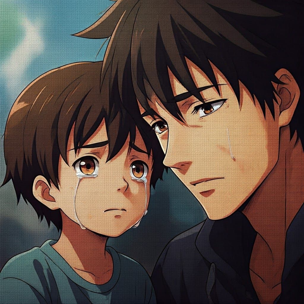 Mosaic of Child Crying with Father in Anime Style