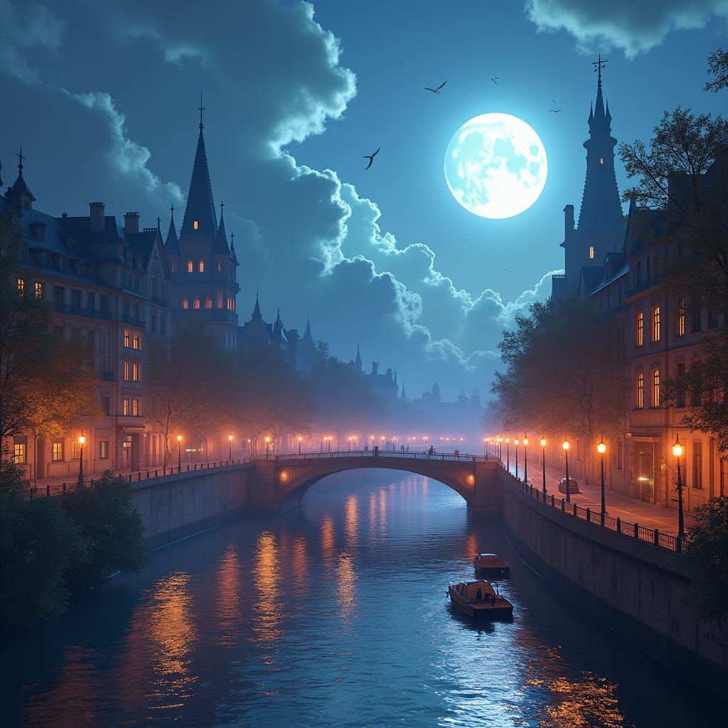 Mystical Parisian Cityscape in Dreamy Moonlight