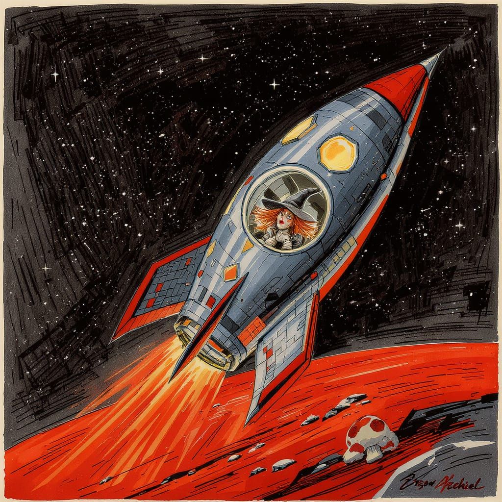 Rocket Crash on Mars: A Whimsical Retro-Futuristic Scene