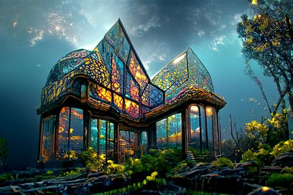 Fantasy Glass House with Neon Kinetic Pointillism