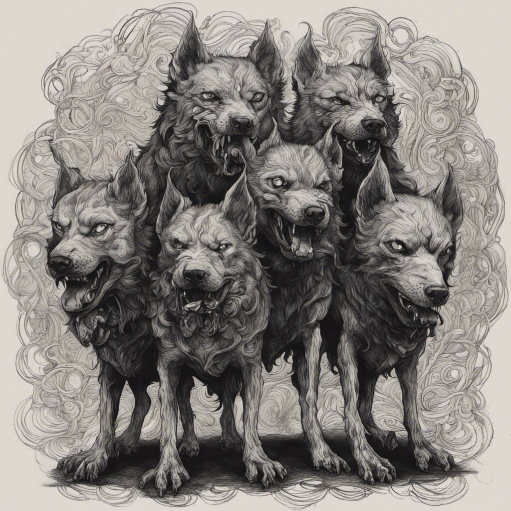 Gothic Cerberus Ink Drawing with Flickering Light
