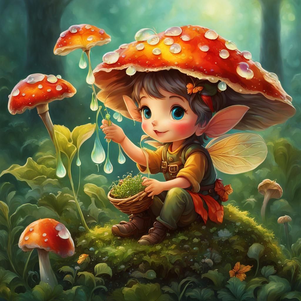 Mushroom-Men Harvest Dewdrops from Morning Flowers